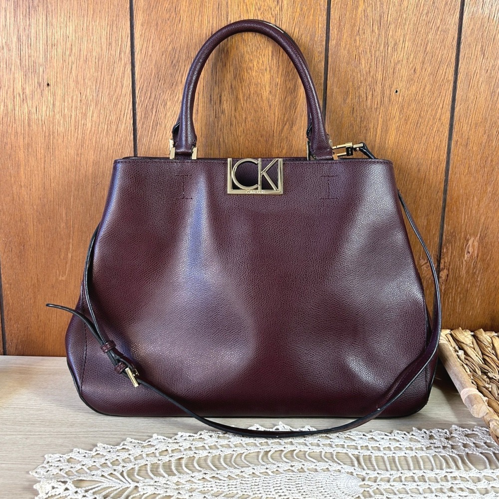 Calvin Klein Burgundy Faux Leather Top Handle Satchel Bag Gold Tone Hardware
